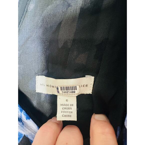 ML MONIQUE LHUILLIER Blue Black Melanie V-Neck Maxi Chiffon Dress size 6 - Picture 6 of 11